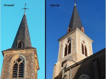 Rénovation d'un clocher en ardoises naturelles avec abat-son en chêne